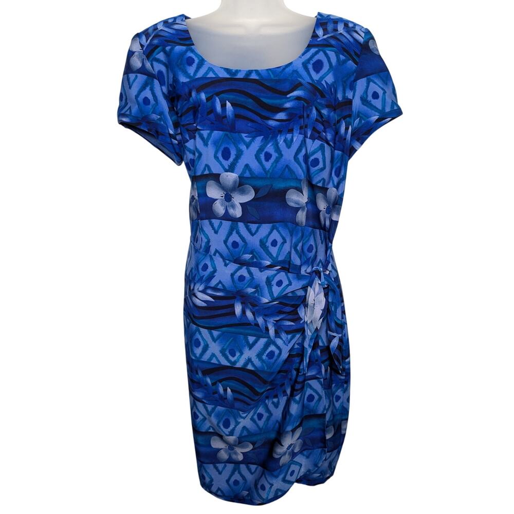 Jessica Howard Vintage 90s Blue Tropical Print Tie Waist Dress Size 16